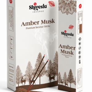 Shivesta Premium Amber Musk Incense Sticks in elegant amber-themed packaging with incense holder, manufactured in India for bulk wholesale, OEM, private label, and global export