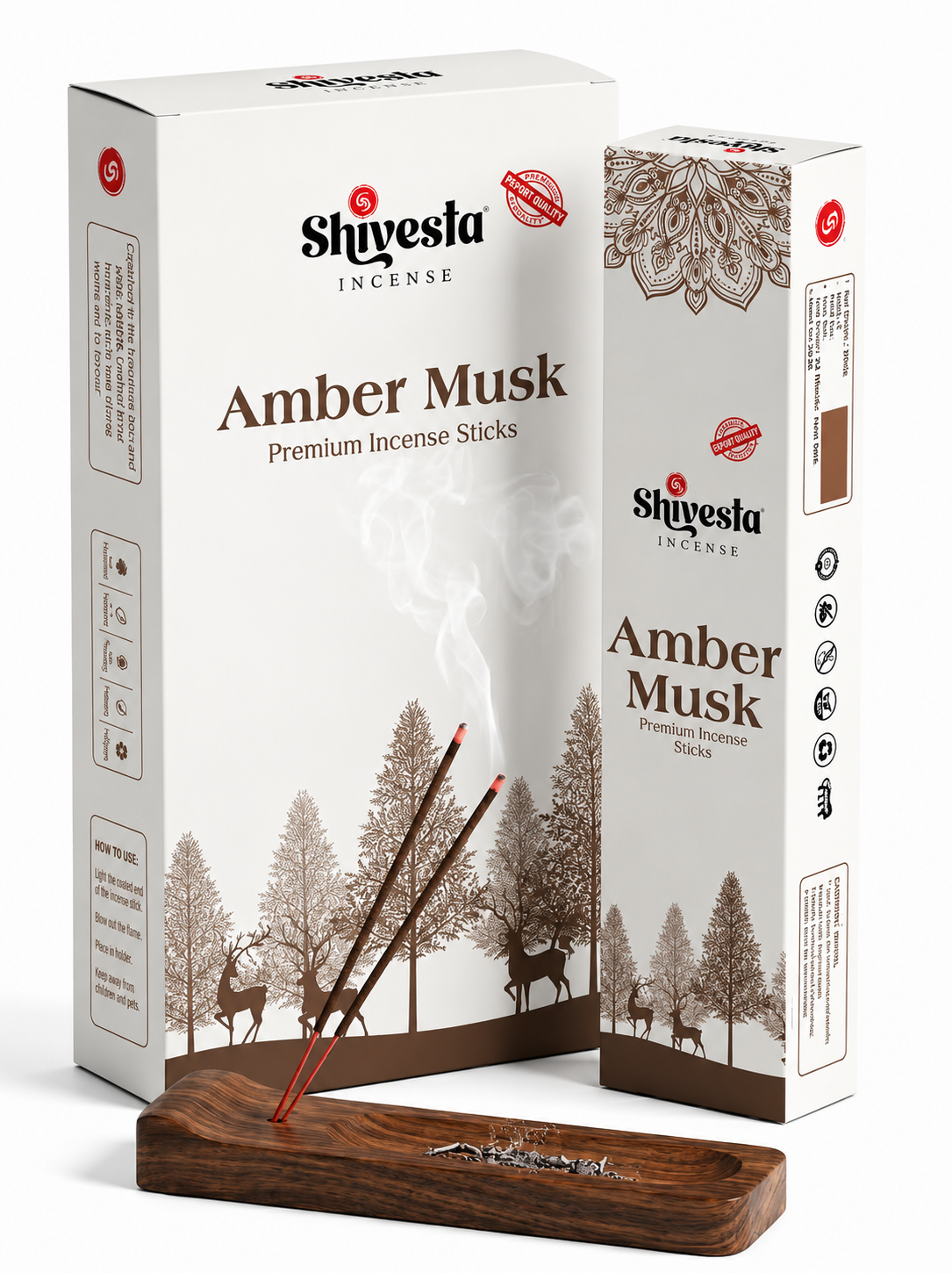 Shivesta Premium Amber Musk Incense Sticks in elegant amber-themed packaging with incense holder, manufactured in India for bulk wholesale, OEM, private label, and global export