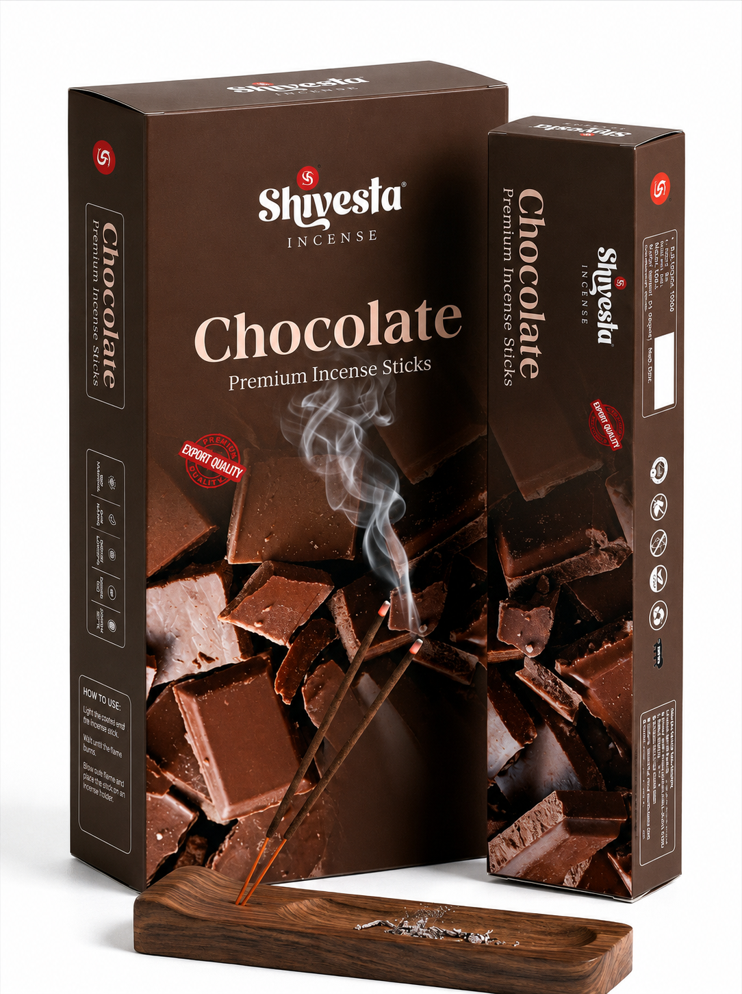 Shivesta Premium Chocolate Incense Sticks in elegant chocolate-themed packaging with incense holder, manufactured in India for bulk wholesale, OEM, private label, and global export.