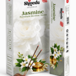 Shivesta Premium Jasmine Incense Sticks in elegant jasmine-themed packaging with incense holder, manufactured in India for bulk wholesale, OEM, private label, and global export.