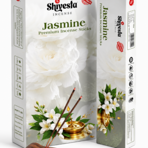 Shivesta Premium Jasmine Incense Sticks in elegant jasmine-themed packaging with incense holder, manufactured in India for bulk wholesale, OEM, private label, and global export.
