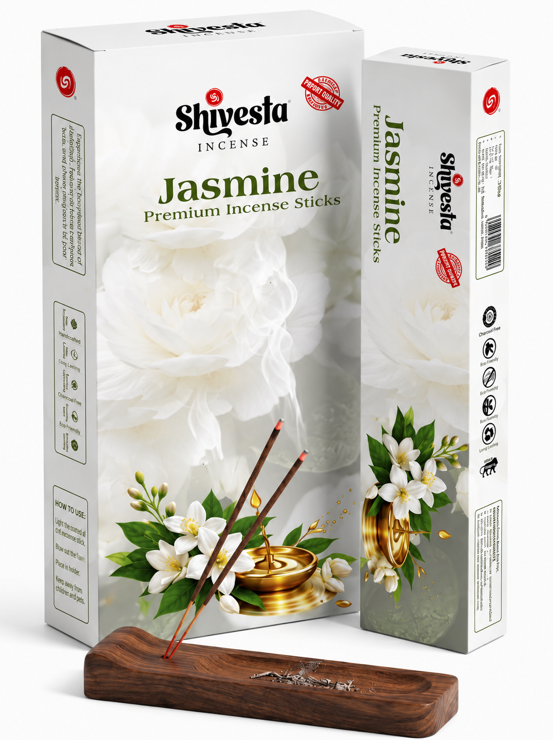 Shivesta Premium Jasmine Incense Sticks in elegant jasmine-themed packaging with incense holder, manufactured in India for bulk wholesale, OEM, private label, and global export.