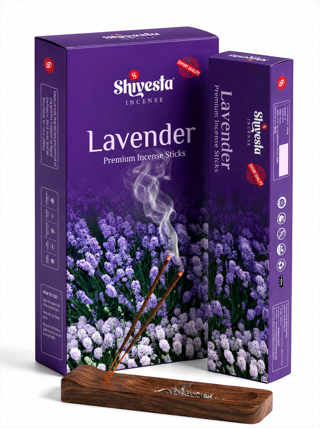 Shivesta Premium Lavender Incense Sticks in elegant lavender-themed packaging with incense holder, manufactured in India for bulk wholesale, OEM, private label, and global export.