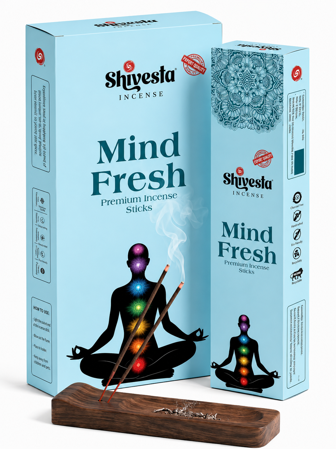 Shivesta Premium Mind Fresh Incense Sticks in elegant blue packaging with incense holder, manufactured in India for bulk wholesale, OEM, private label, and global export.