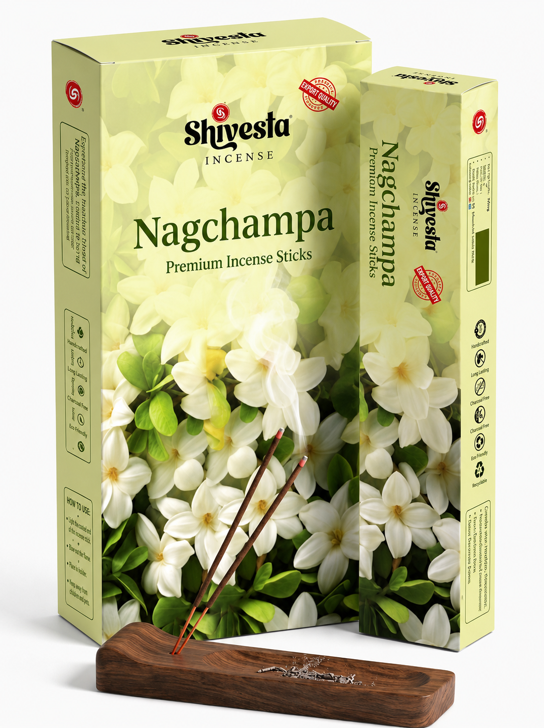 Shivesta Premium Nag Champa Incense Sticks in elegant floral packaging with incense holder, manufactured in India for bulk wholesale, OEM, private label, and global export.