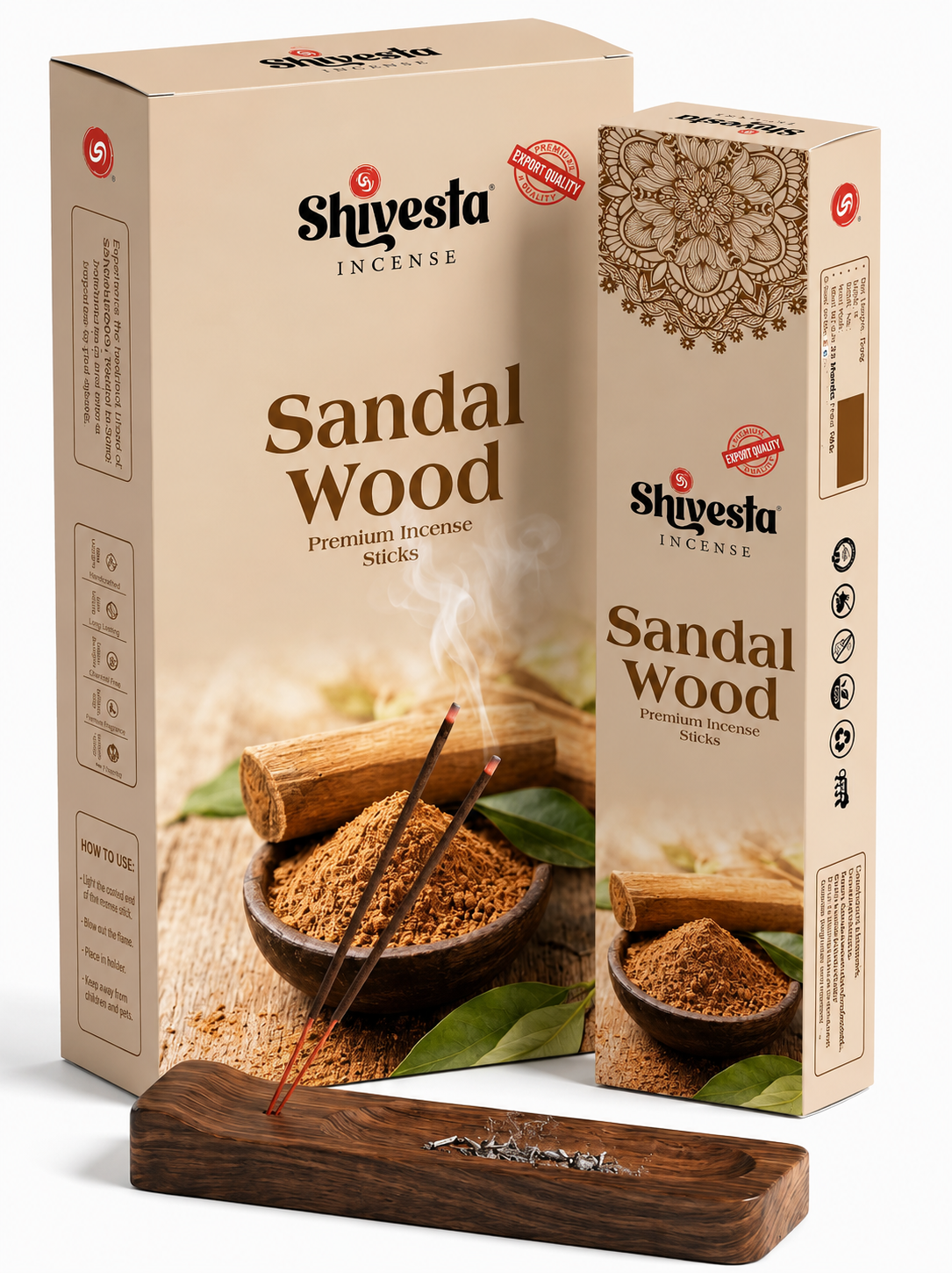 Shivesta Premium Sandalwood Incense Sticks in elegant sandalwood-themed packaging with incense holder, manufactured in India for bulk wholesale, OEM, private label, and global export